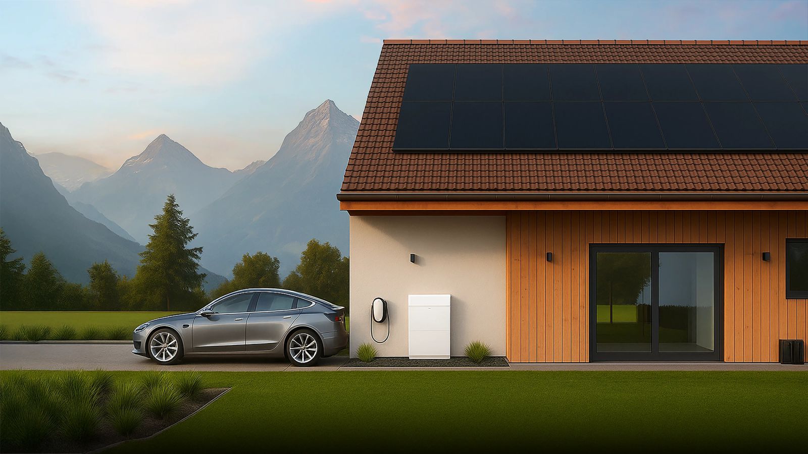 Haus mit Photovoltaik, Speicher und Wallbox angeschlossen an ein E-Auto