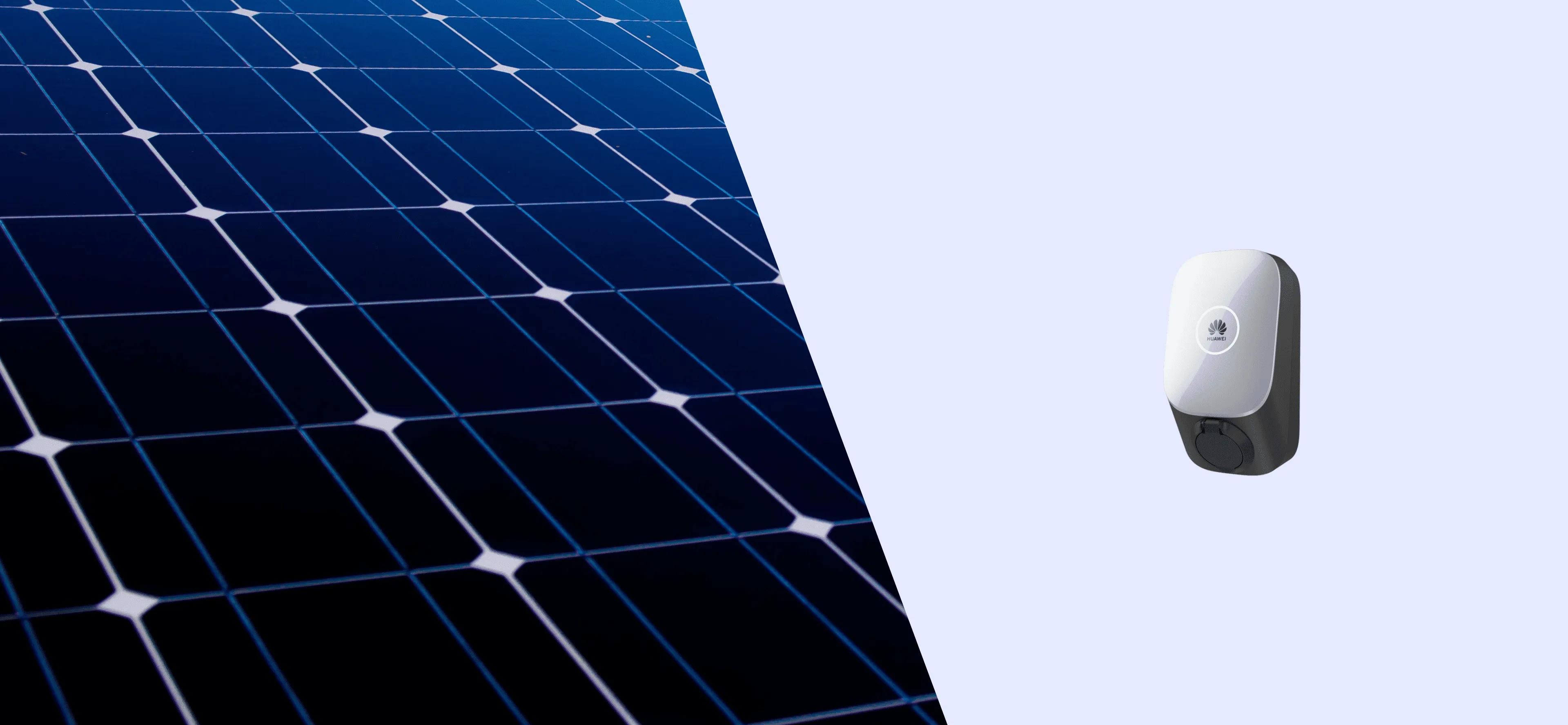 Wallbox laadpaal met zonnepanelen op een lichtblauwe achtergrond