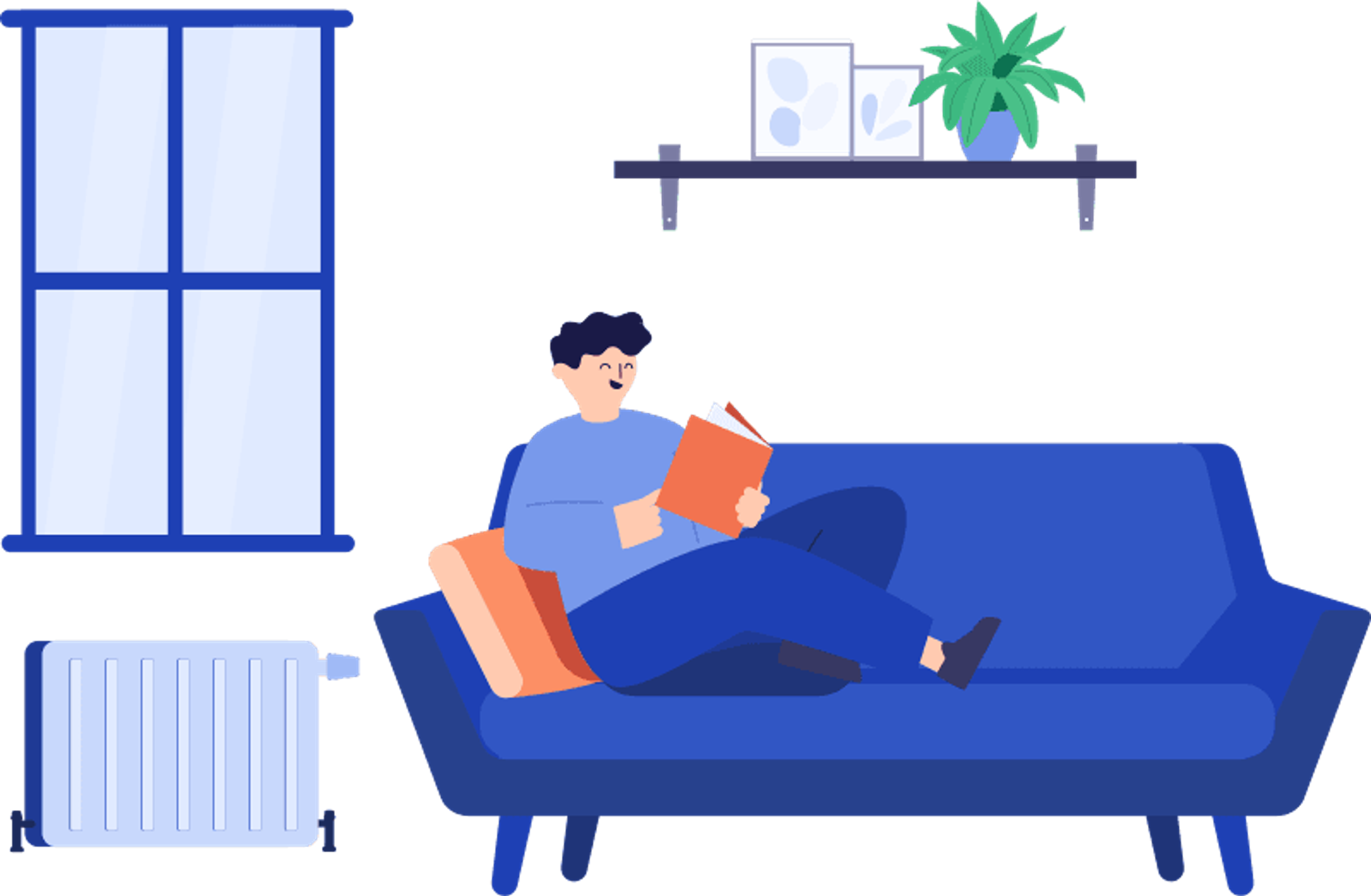 Mann liegt entspannt auf dem Sofa mit Buch in der Hand