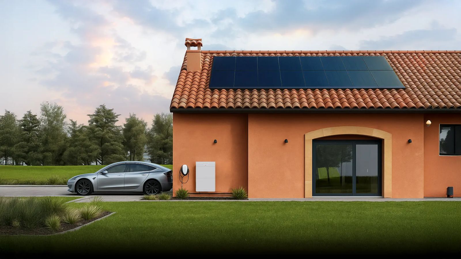 casa com paineis solares e carregador de carro electrico
