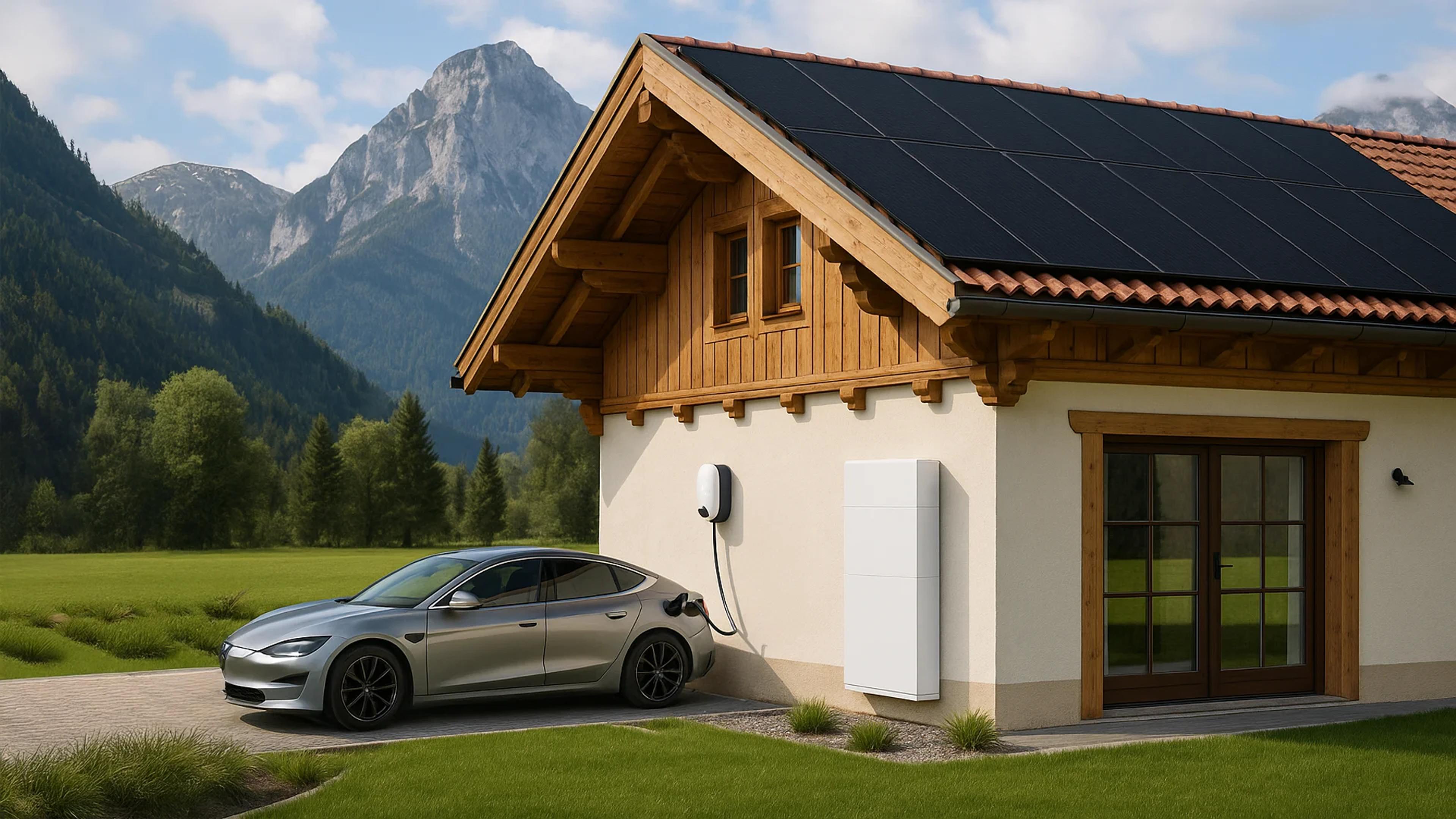 Haus mit Photvoltaik, Speicher und Wallbox angeschlossen an ein Auto