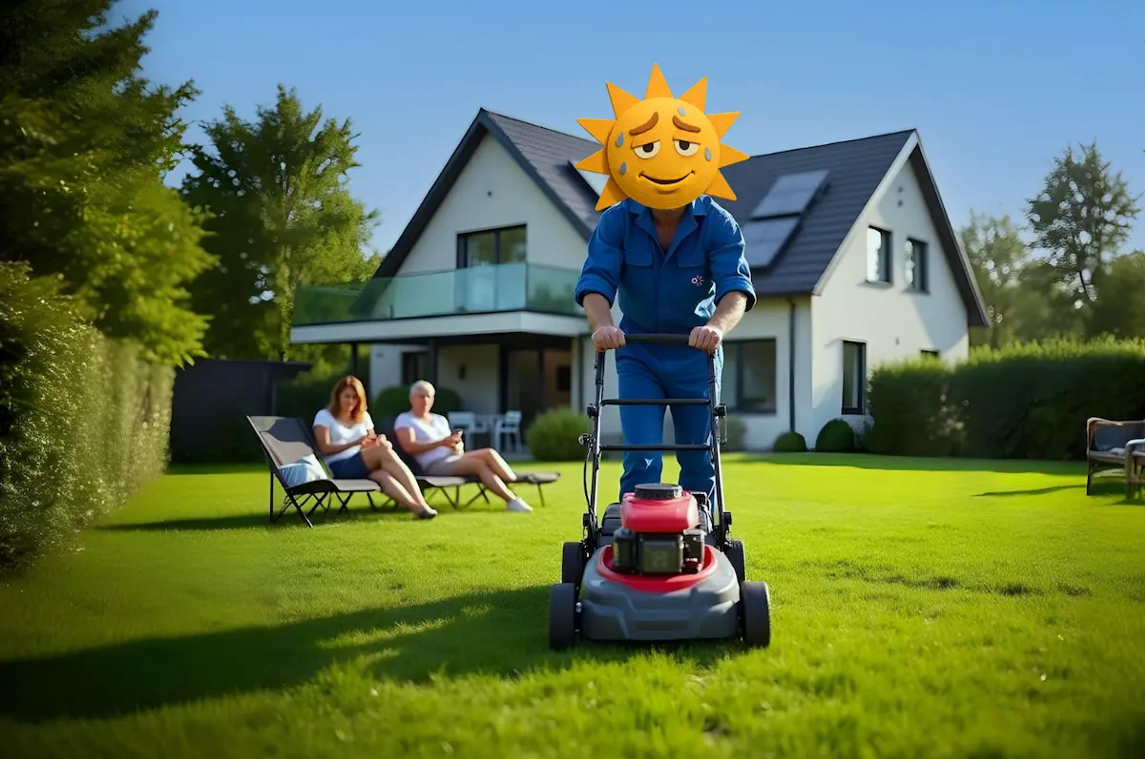 Eine Figur mit Sonne als Kopf mäht den Rasen vor einem Haus mit Solaranlage auf dem Dach.