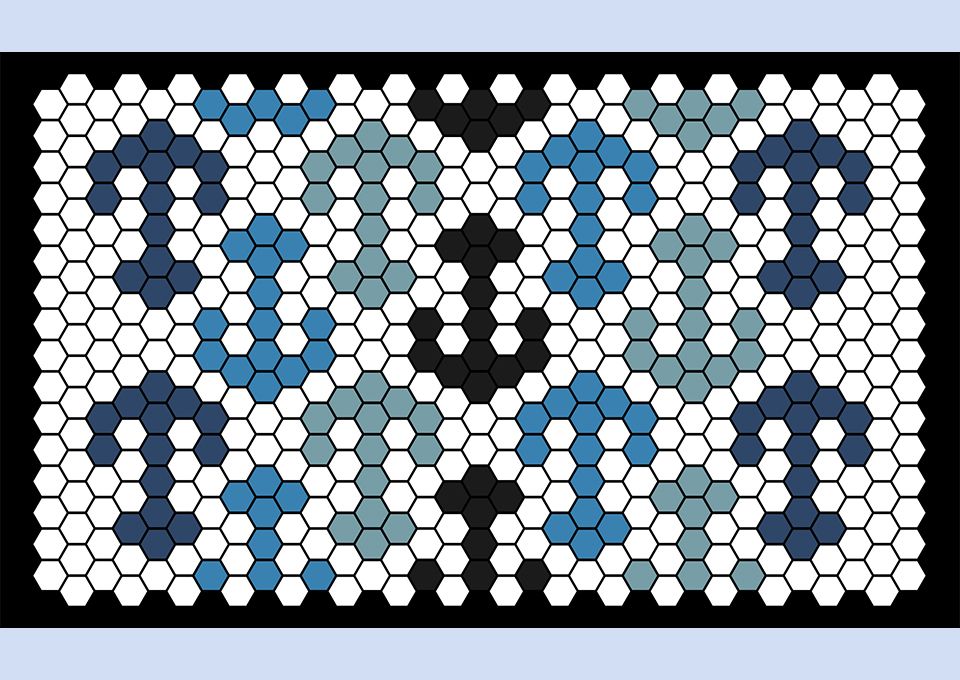 A standard tile mat with a coastal design on a blue background.