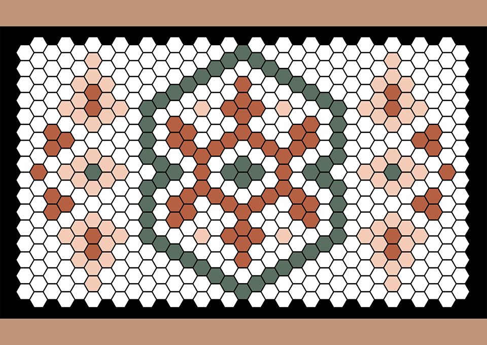 An eclectic standard tile mat design on a terracotta background.