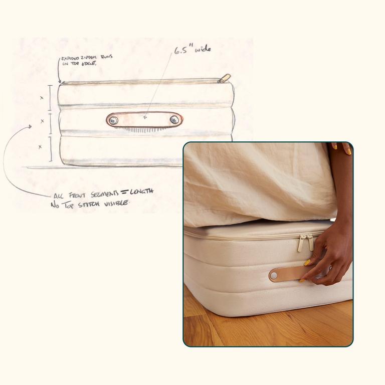 A product sketch of the new underbed storage with a lifestyle shot of a hand grabbing the new product.