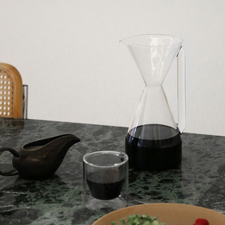 A clear pour over carafe with a double wall glass.