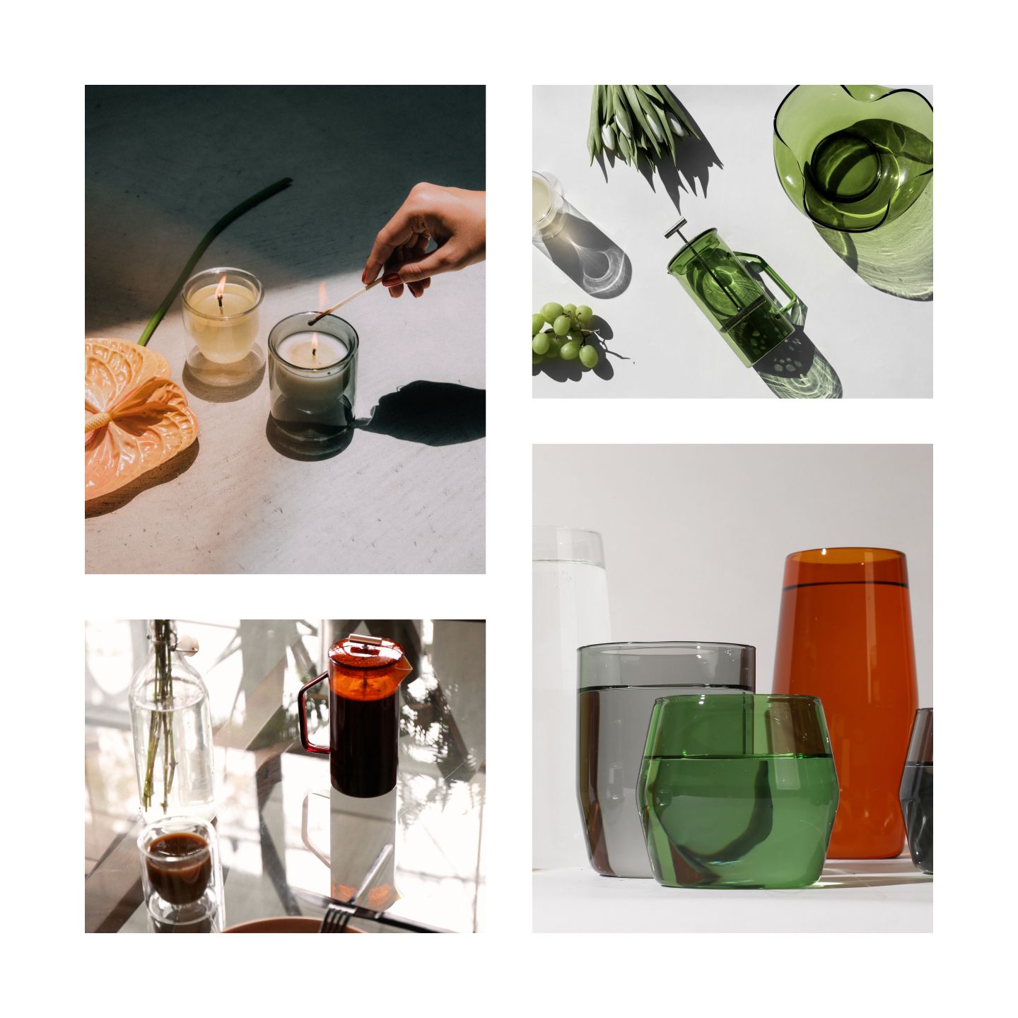 A grid collage of various images of the Yield Double Wall Glasses.