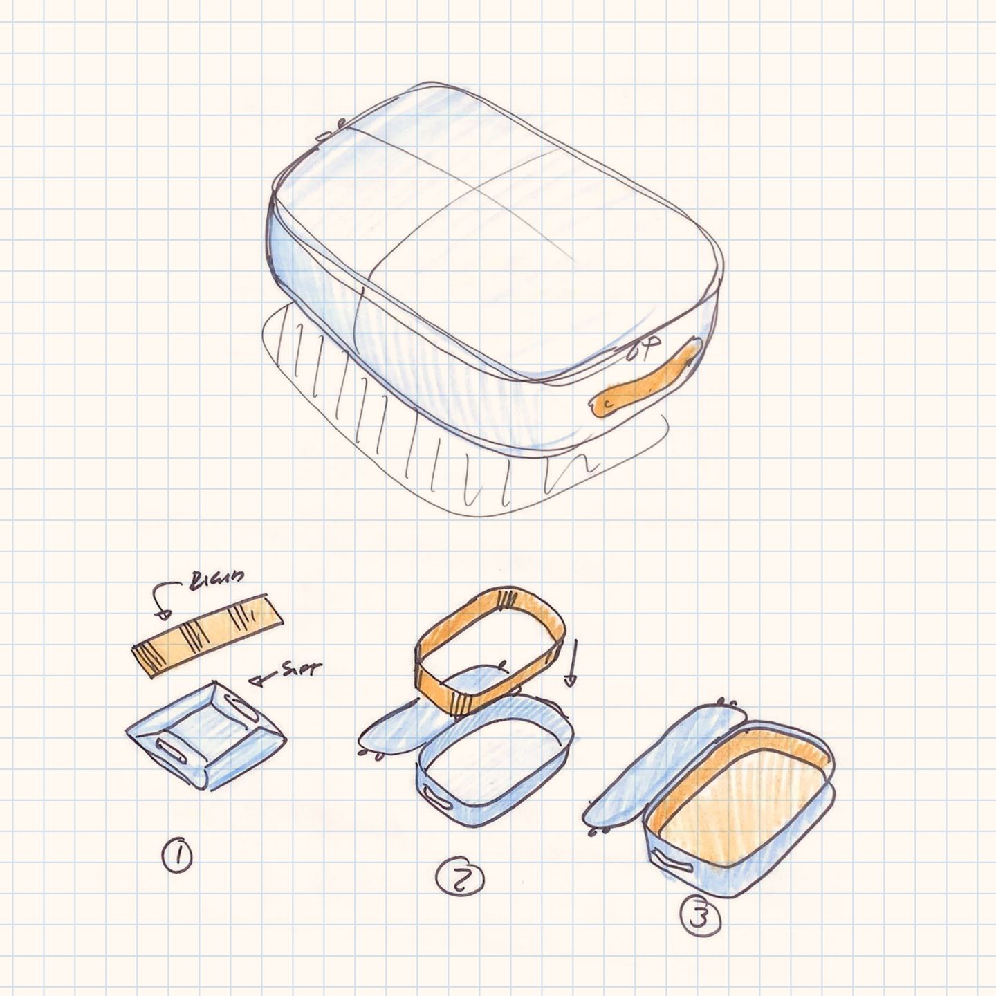 A handful of sketches of the Underbed Storage on grid paper.