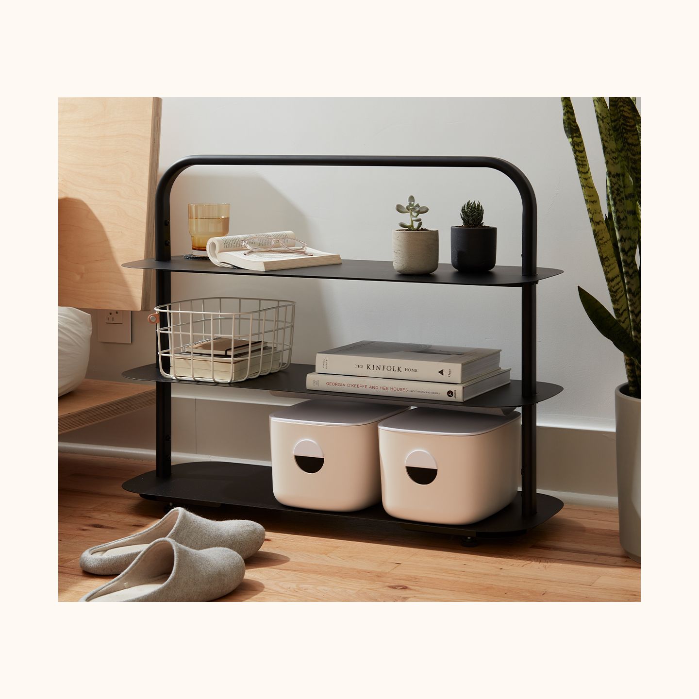 Black Entryway Rack with Basket and Bins