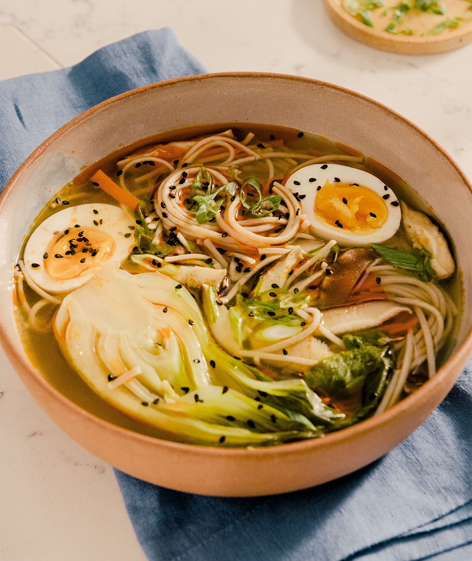 Spicy Miso Soup with Soba Noodles, Mushrooms & Bok Choy