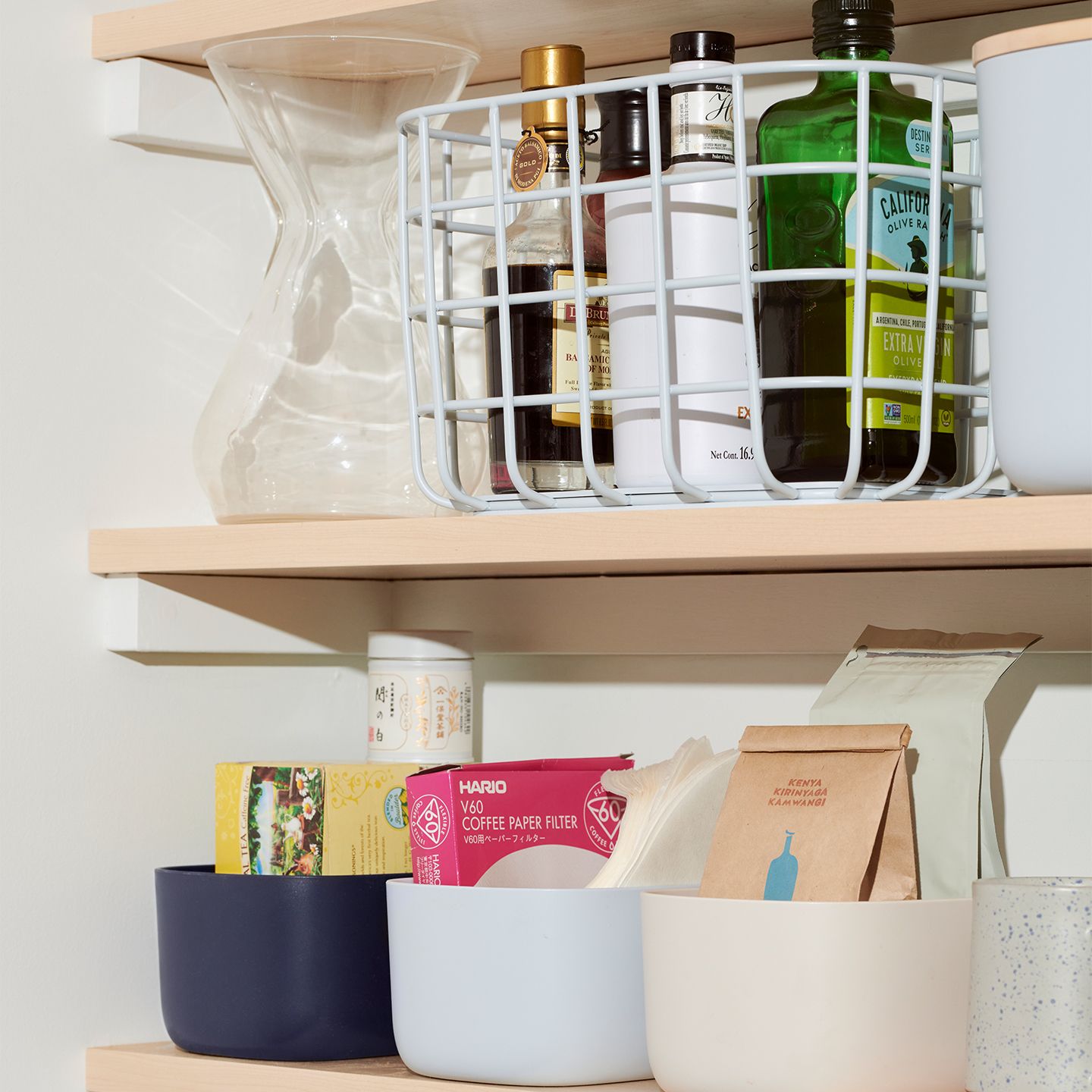Various Pattern products displayed on a kitchen shelf.