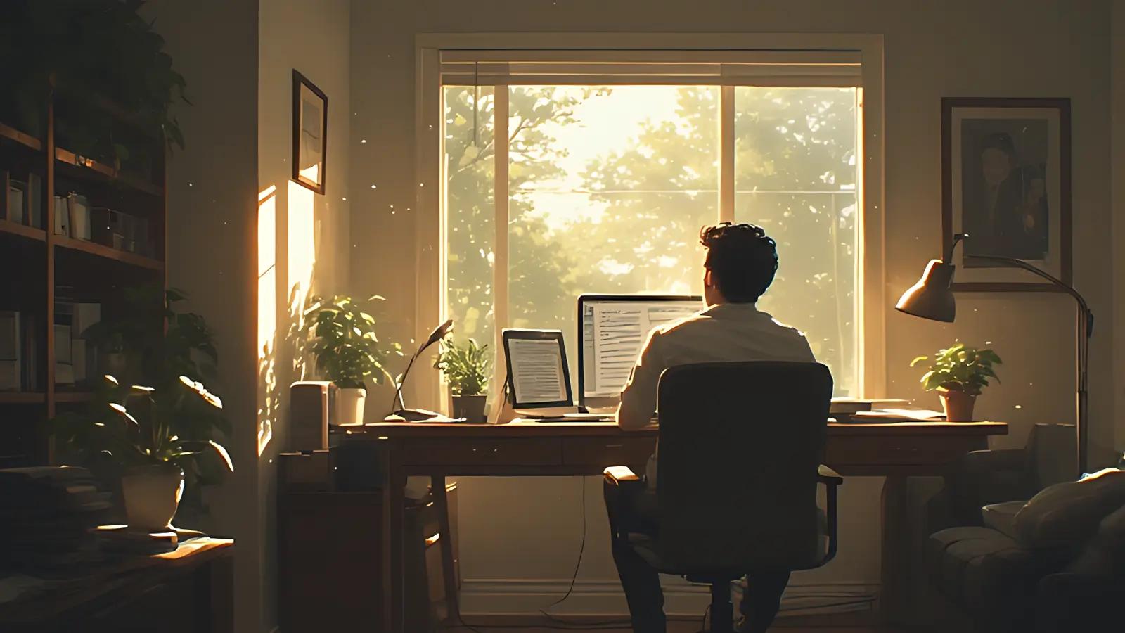 Person seen from behind, working on a laptop at a desk in a sunlit home office with plants and a window view.