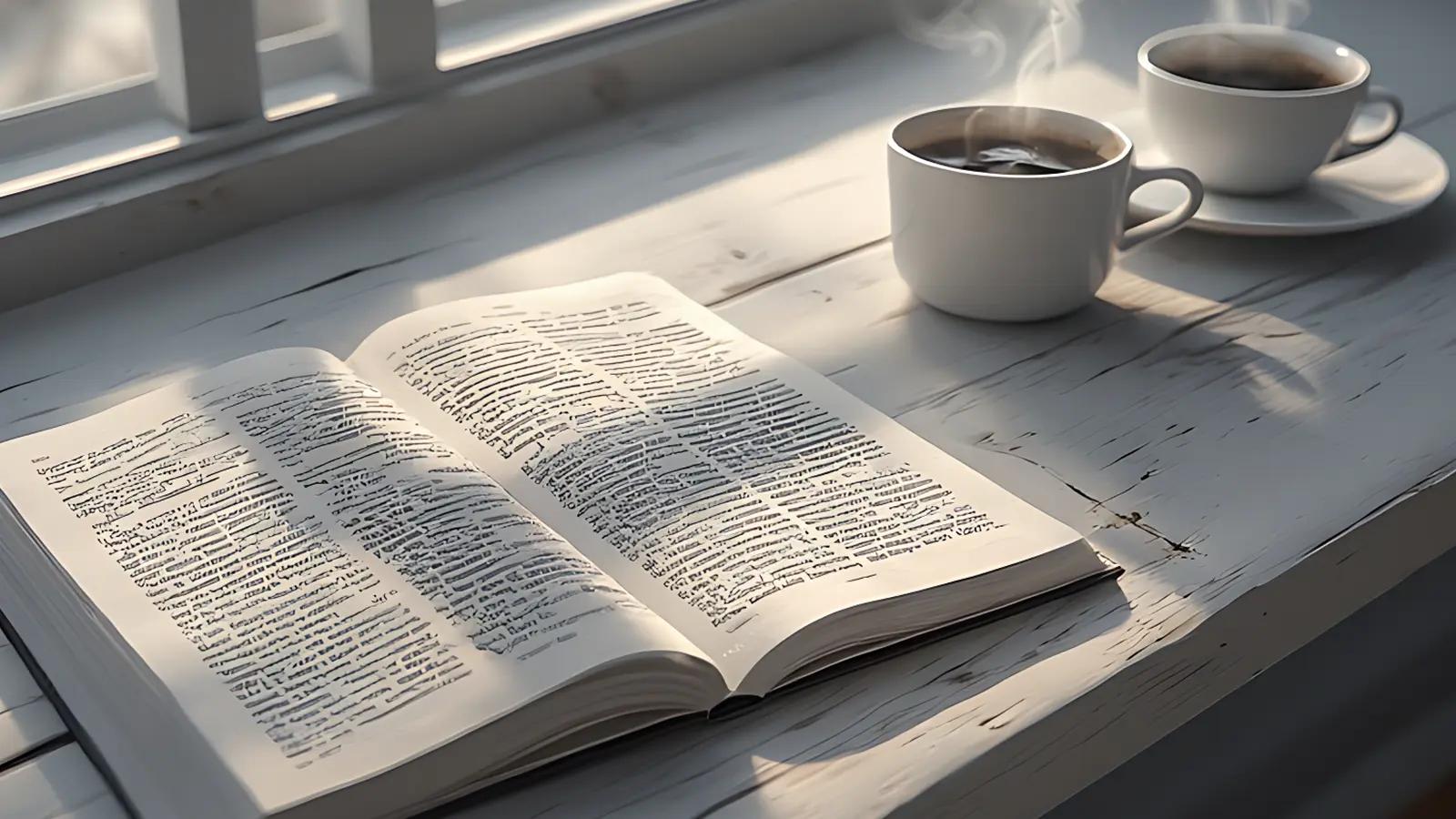 An open book on a white wooden desk next to two cups of steaming coffee, illustrating the 'Habit Stacking' method of linking reading with a coffee habit.