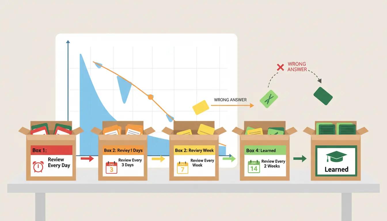 A visual representation of the Leitner system for spaced repetition, showing flashcard boxes and a forgetting curve.