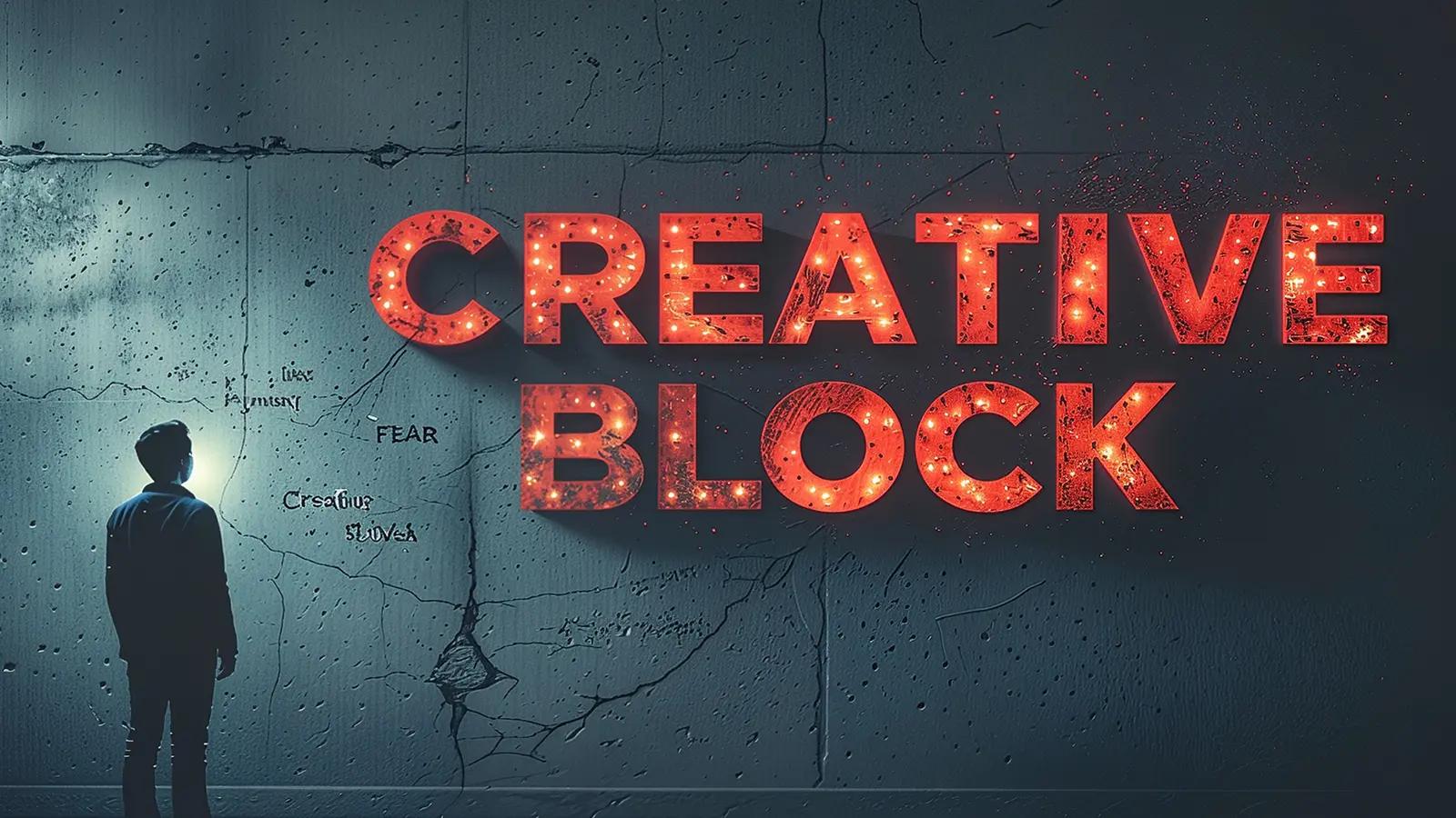 A person facing a large concrete wall with the words 'CREATIVE BLOCK' in glowing red letters, symbolizing the challenge of creative block and fear.