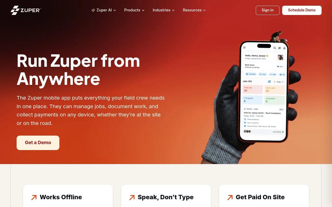 Screenshot of the Zuper website
