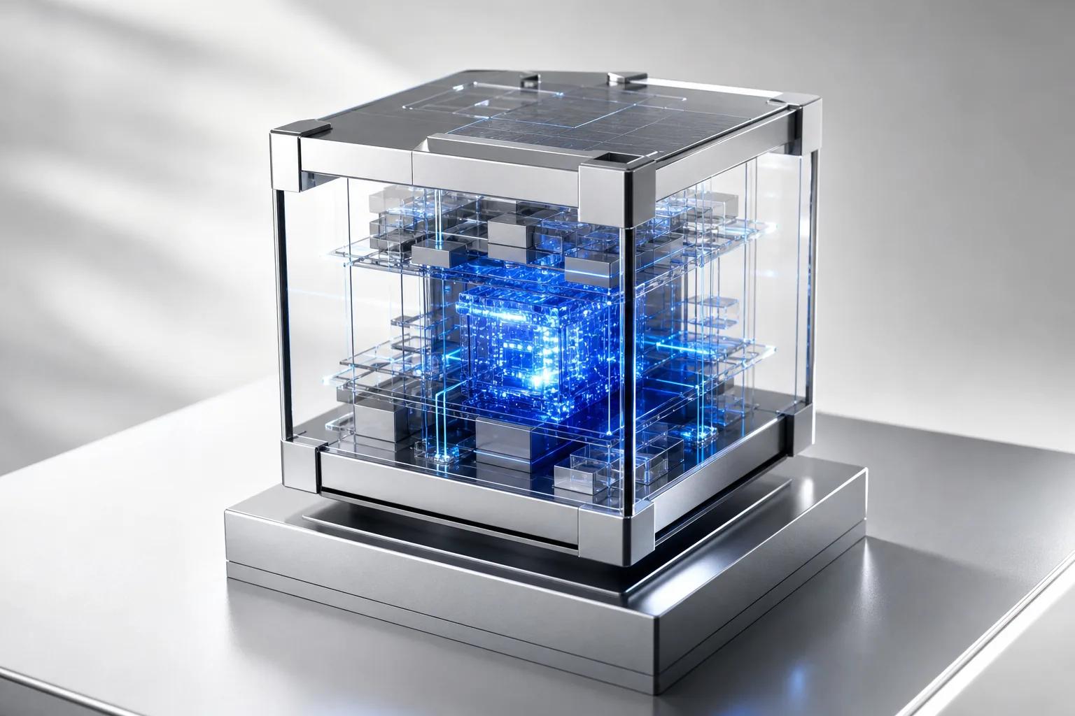 Abstract illustration of a glass and silver cube with blue light on a pedestal