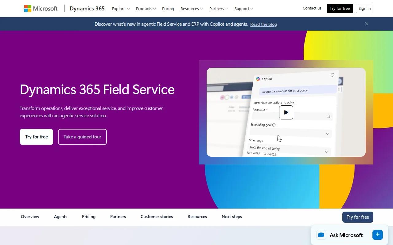 Screenshot of the Microsoft Dynamics 365 Field Service website