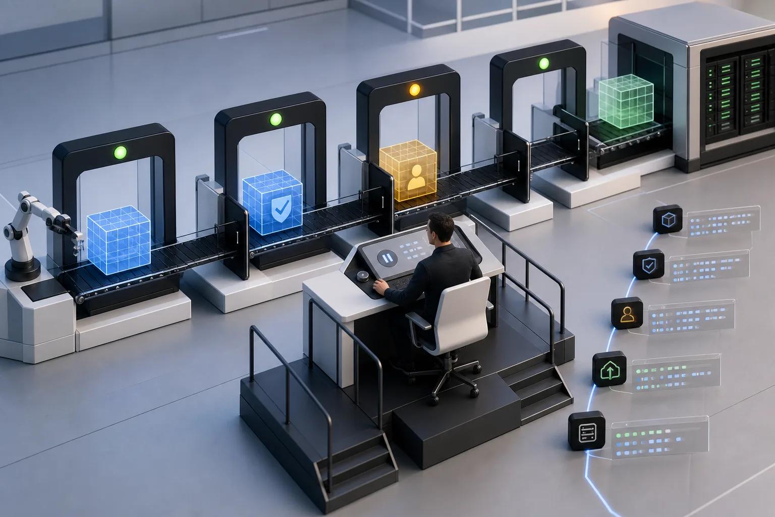 Premium clean modern 3D CGI editorial scene in a United States technology team’s release environment: a workflow moves