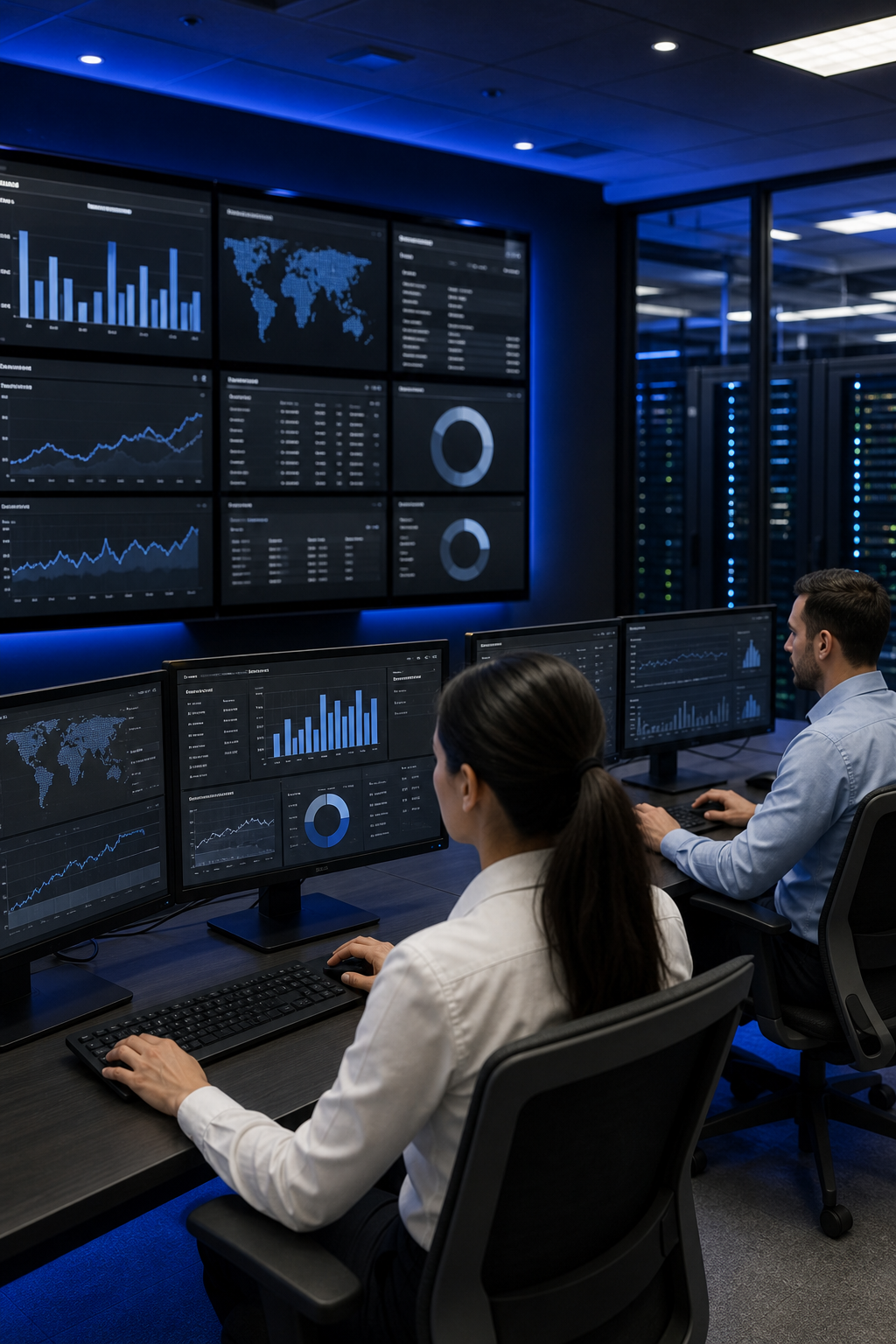 A photorealistic image of a data center operations room with large monitors displaying AI governance dashboards, compliance metrics, and model monitoring charts, with blue ambient lighting and a clean enterprise aesthetic. Alt: IBM watsonx AI governance and compliance dashboard in an enterprise data center operations room.