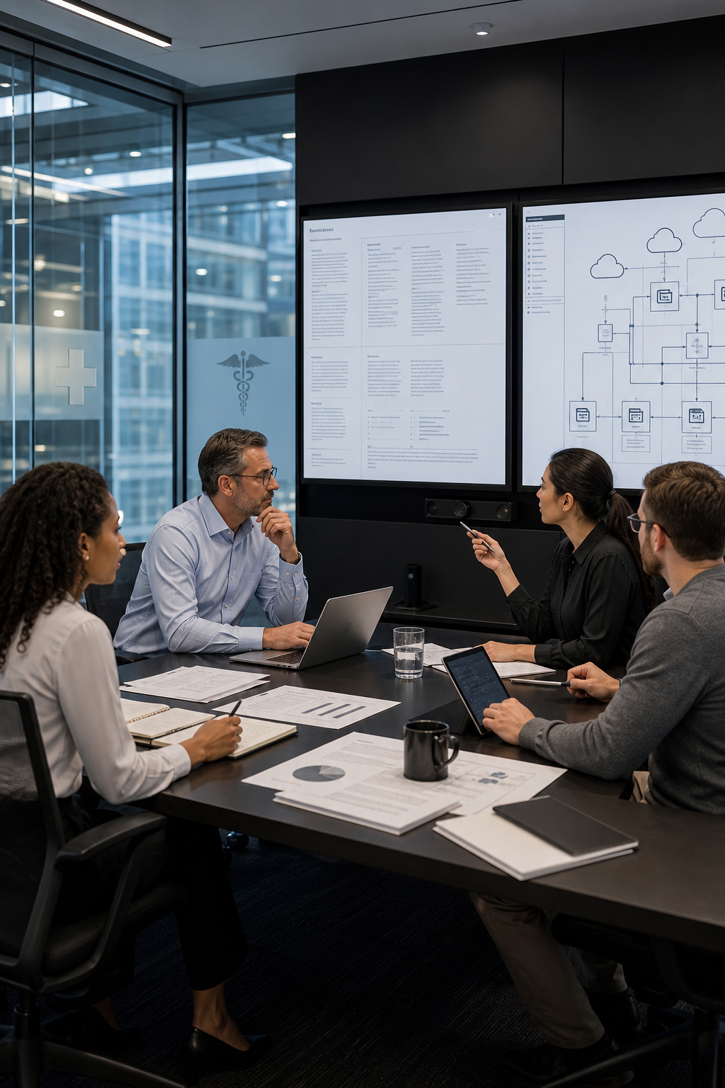 A professional team of consultants in a modern glass-walled conference room reviewing compliance documentation and cloud architecture schematics on large screens, with subtle references to financial and healthcare industry contexts. Alt: Deloitte cloud engineering team planning regulated industry migration.
