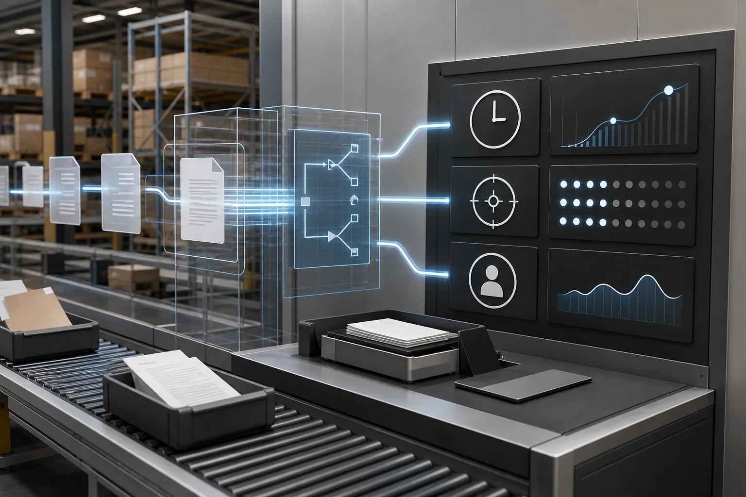 Premium clean modern 3D CGI editorial scene inside a U.S. manufacturing distribution operation. Depict a small pilot lane