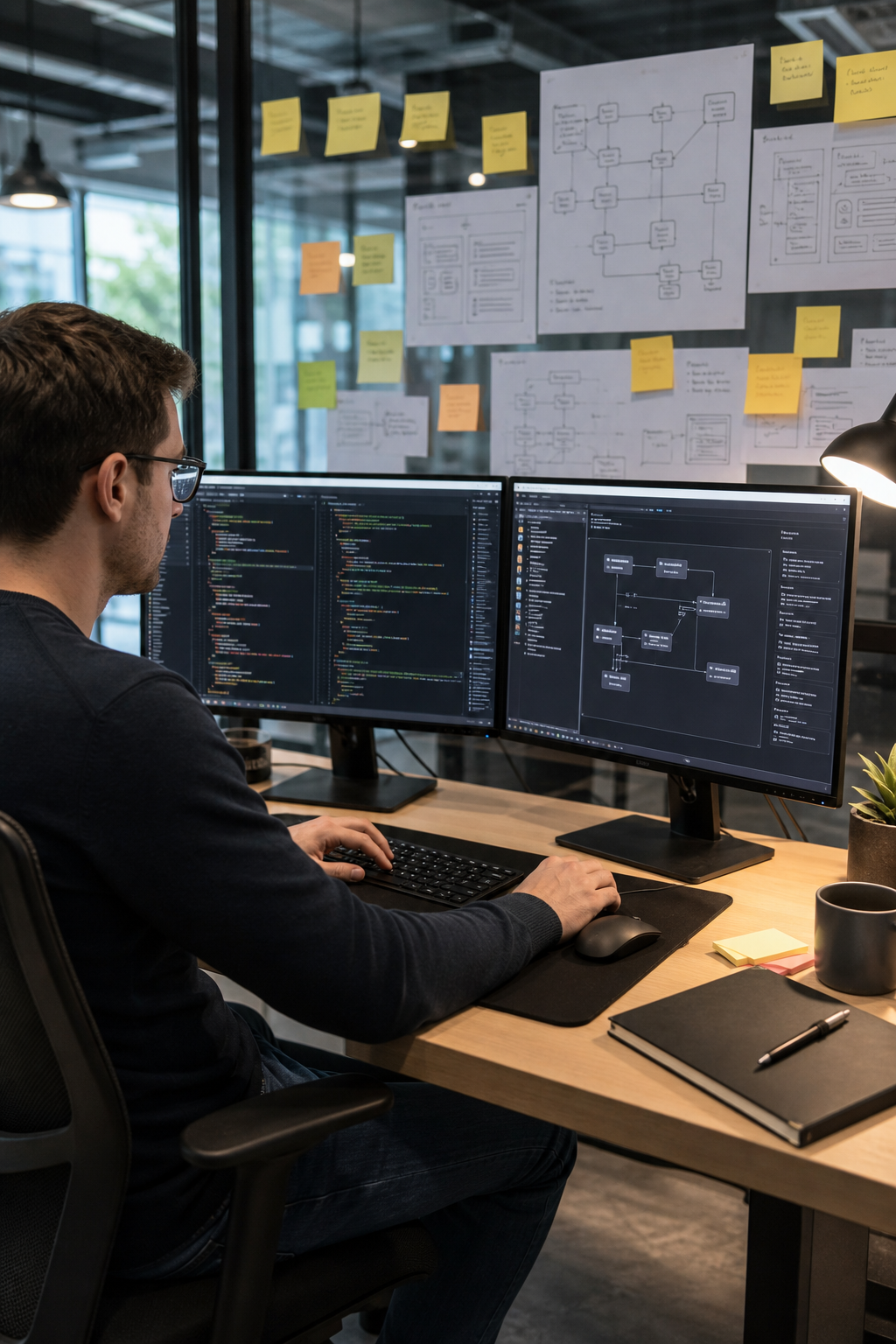 A focused software engineer at a dual-monitor workstation coding a custom AI agent workflow, surrounded by sticky notes and architecture diagrams pinned to a glass wall in a small modern studio office. Alt: Boutique AI engineering firm developer building a custom AI automation solution with agentic workflow architecture.
