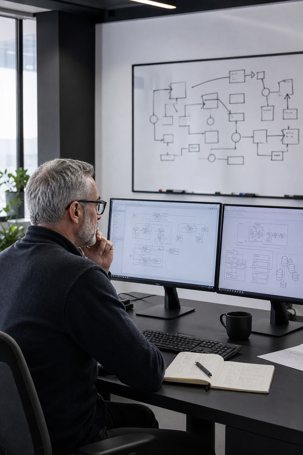 A photorealistic image of a senior software engineer reviewing system architecture diagrams on dual monitors in a modern office, with a whiteboard showing workflow nodes in the background. Alt: building durable AI automation systems for long-term business process reduction.
