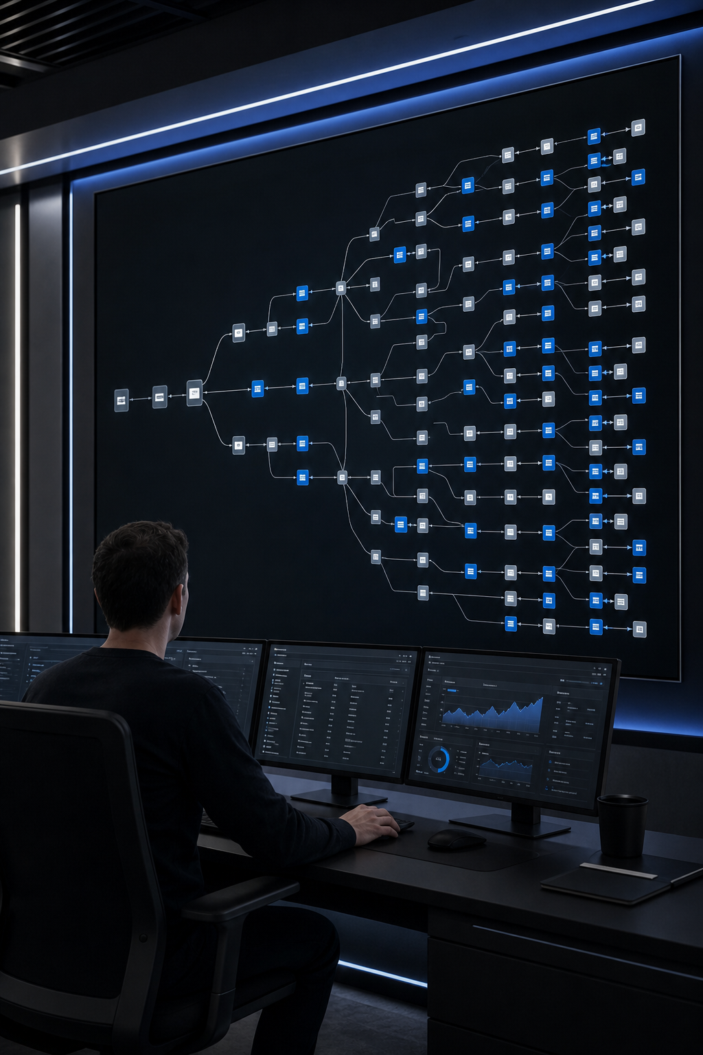 A photorealistic visualization of a growing network of interconnected workflow nodes expanding outward on a digital operations dashboard, rendered in a dark-themed control room environment with blue accent lighting, symbolizing scalable AI systems. Alt: Scalable AI workflow automation systems growing without linear headcount increases.