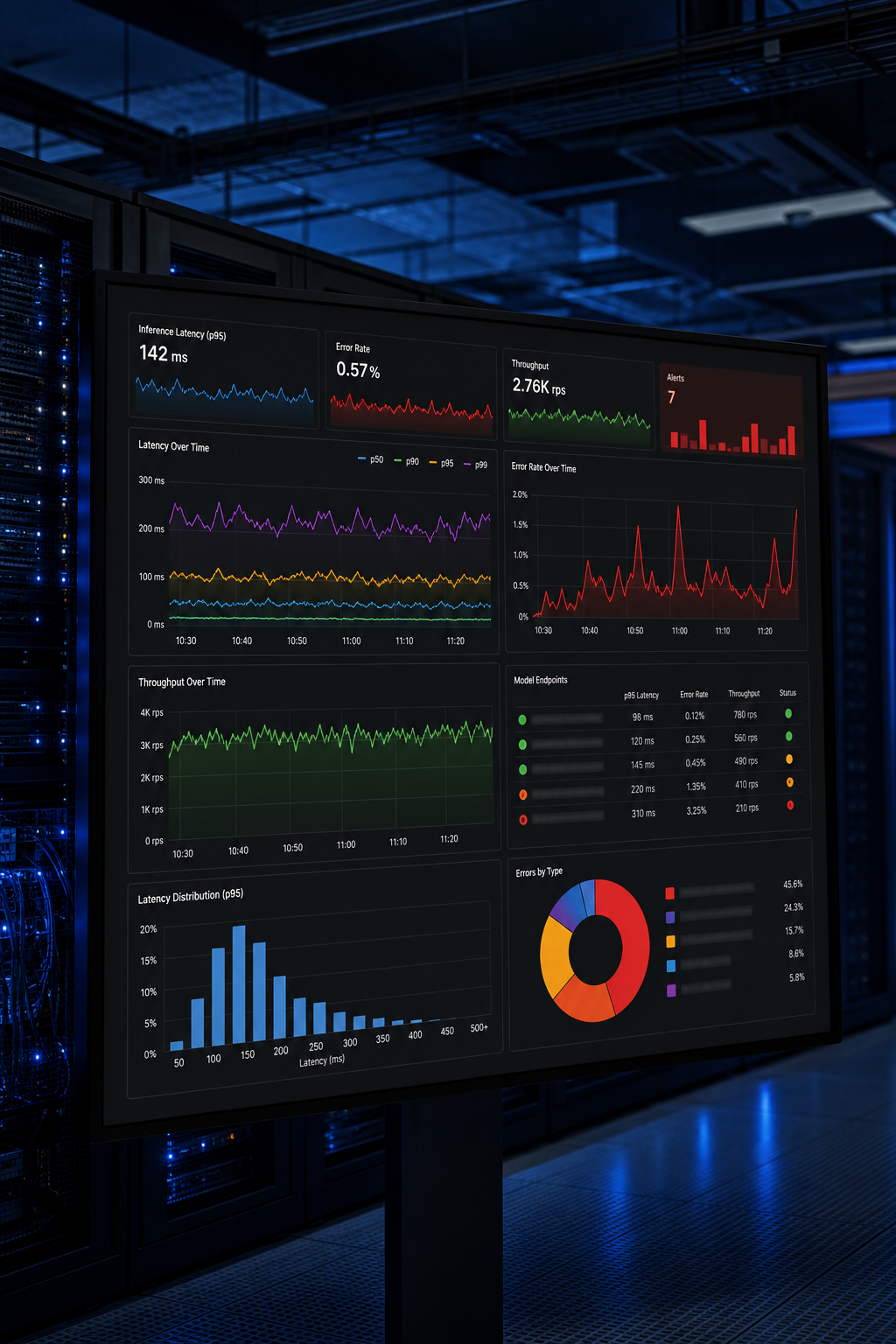 A dark-themed monitoring dashboard on a large screen in a server room, showing real-time graphs of AI inference latency, error rates, and throughput metrics with alert indicators, lit with blue ambient lighting. Alt: AI system observability dashboard showing real-time inference monitoring and error tracking for production AI scaling.