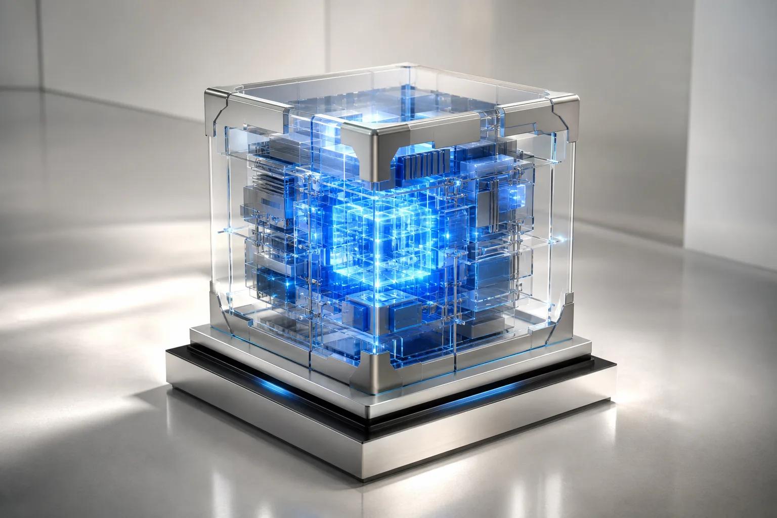 Abstract illustration of a glass and silver cube with blue light on a pedestal
