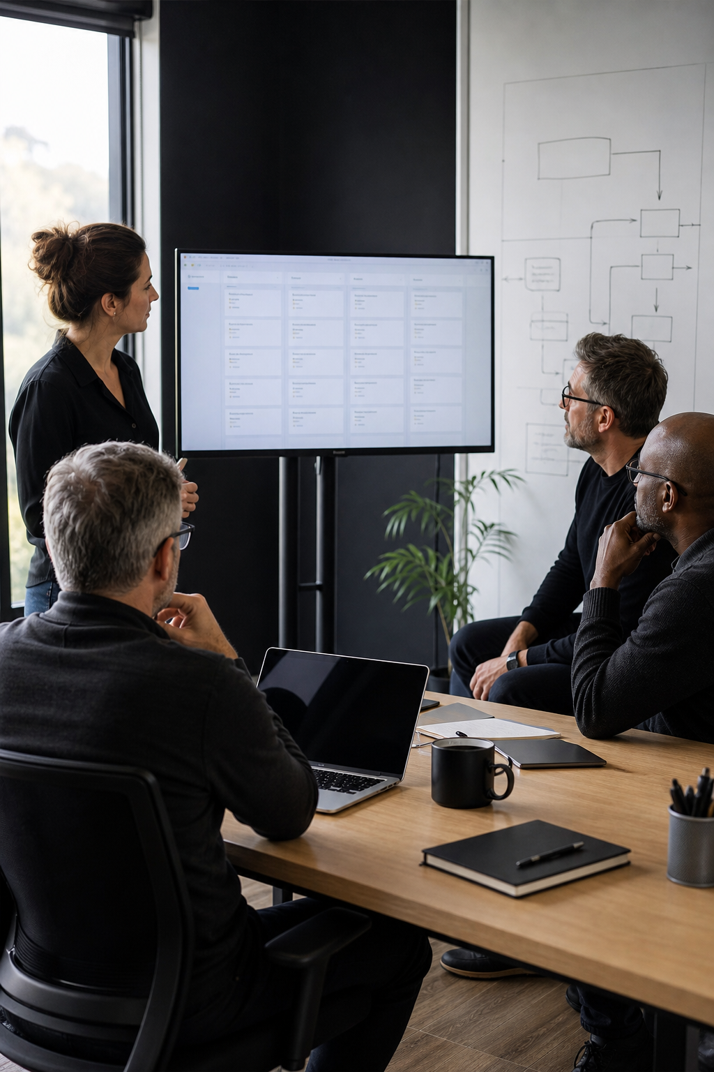 A realistic photo of a small senior software development team in a focused sprint planning session around a monitor showing a project board, a modern office environment with dark accents, natural light, whiteboard in background with architecture diagrams. Alt: AI software development team in sprint planning session reviewing project board and architecture diagrams.