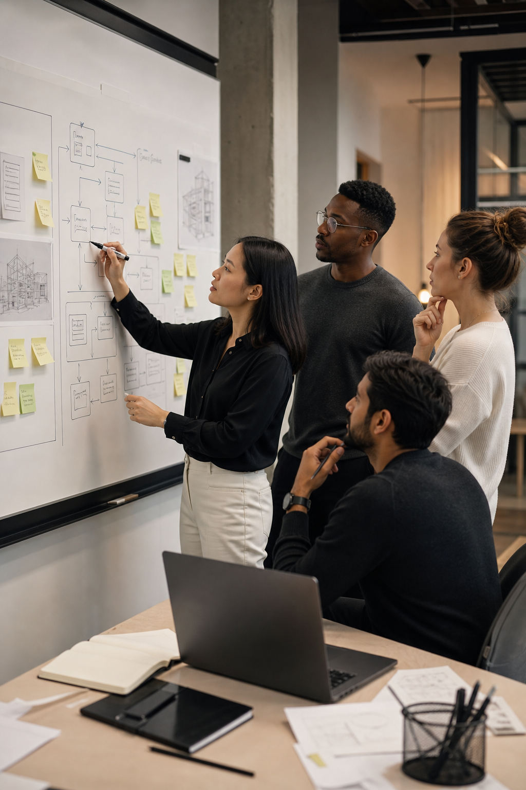 A diverse product team at a whiteboard sketching AI workflow diagrams in a modern consulting office, sticky notes and architectural sketches visible, warm professional lighting, photorealistic editorial style. Alt: BCG X strategy and AI product team collaborating on system design.