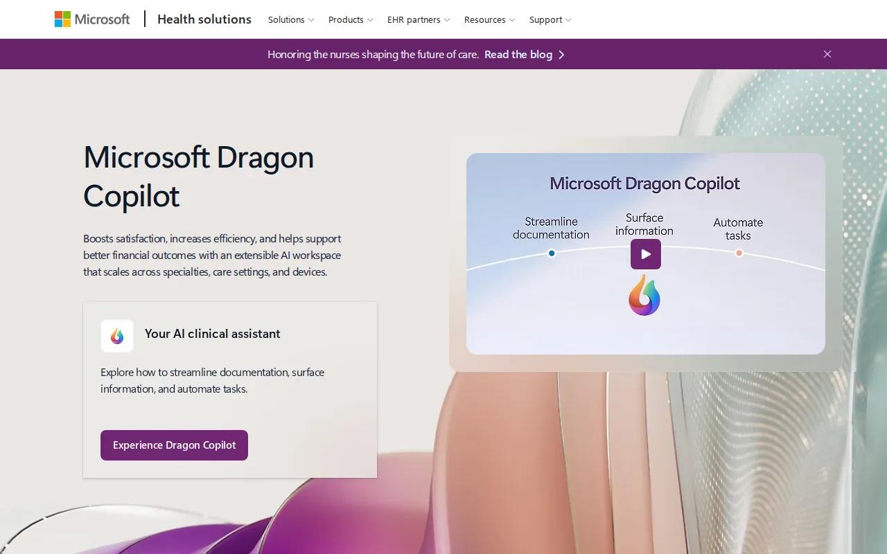 Screenshot of the Microsoft Dragon Copilot website