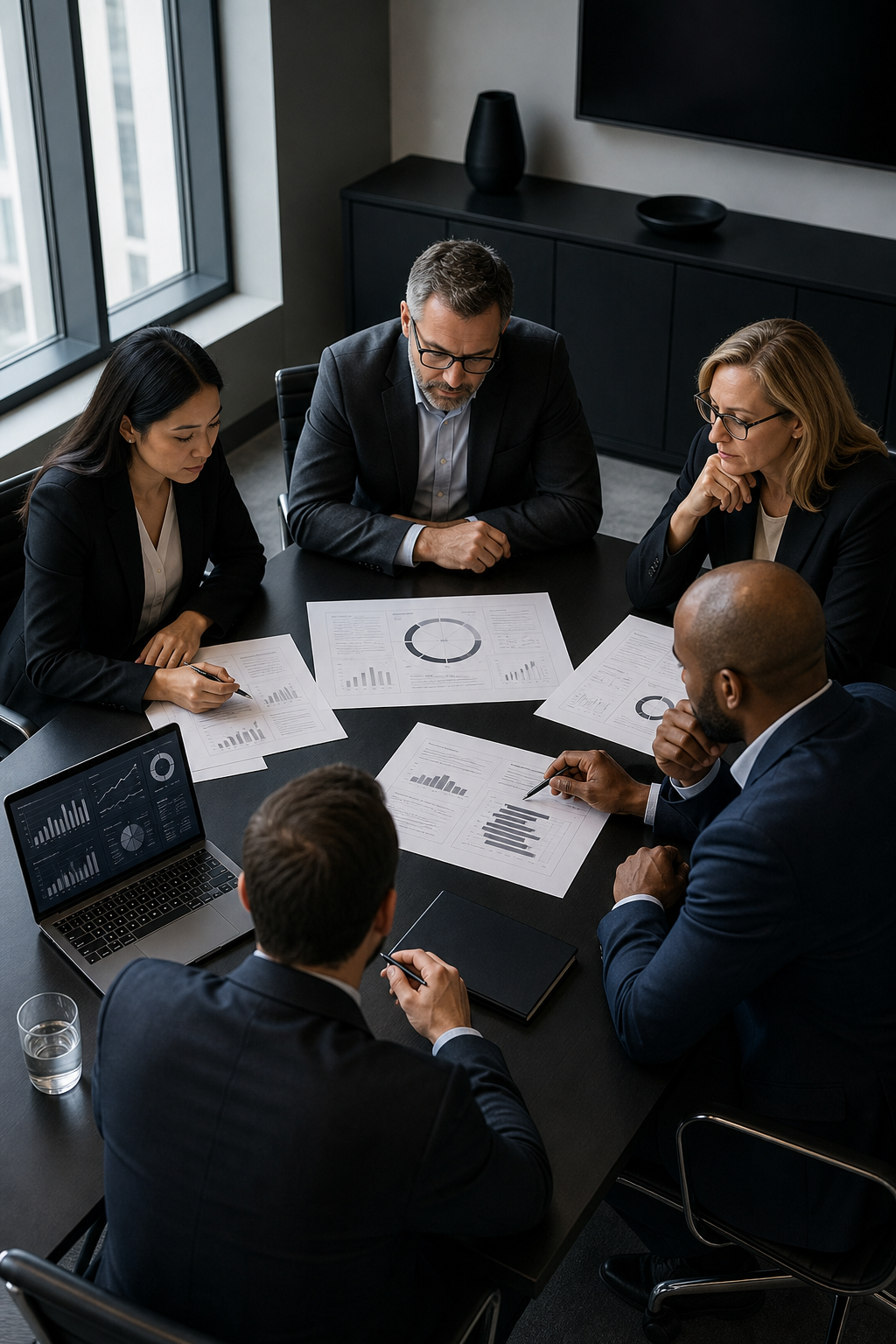 A photorealistic overhead view of an executive team around a conference table reviewing printed AI strategy roadmap documents and a laptop showing data dashboards, in a well-lit modern boardroom with dark furniture. Alt: enterprise executive team evaluating AI strategy consulting partners.