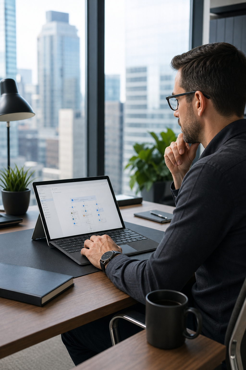 A photorealistic scene of a corporate office worker at a clean desk reviewing automated workflow reports on a Microsoft Surface laptop, office environment with a city view through large windows, focused and professional atmosphere. Alt: Microsoft Power Automate AI workflow automation inside Microsoft 365 ecosystem.