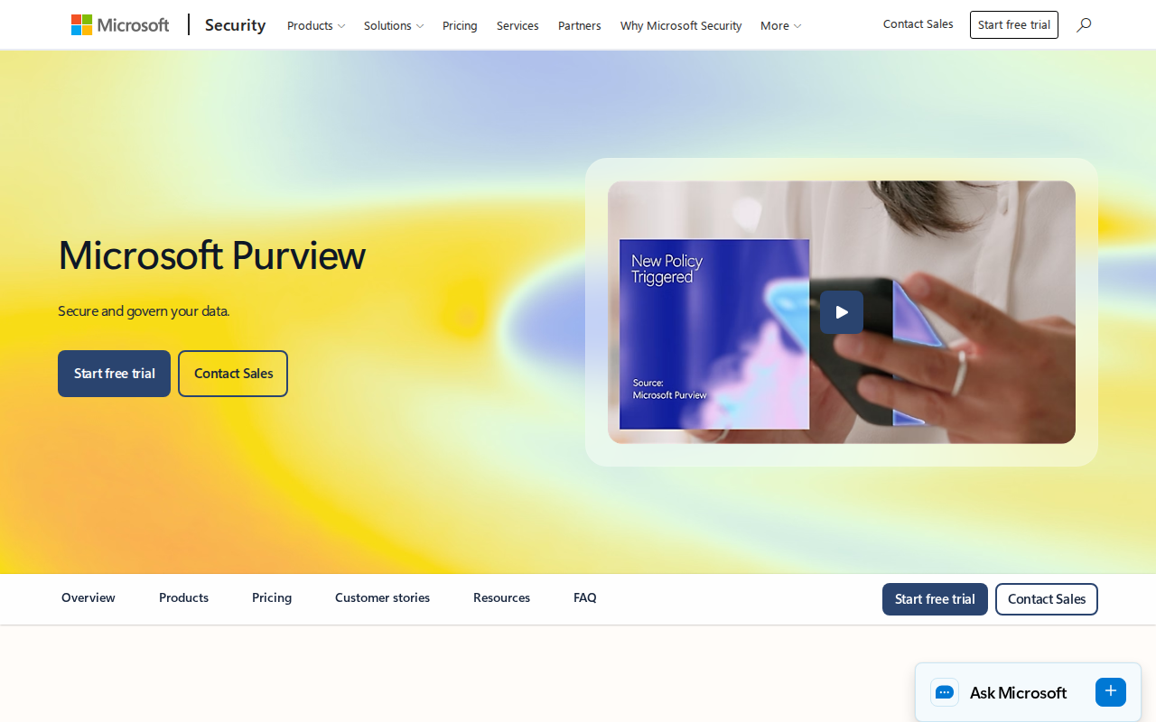 Microsoft Purview AI compliance and governance platform homepage screenshot