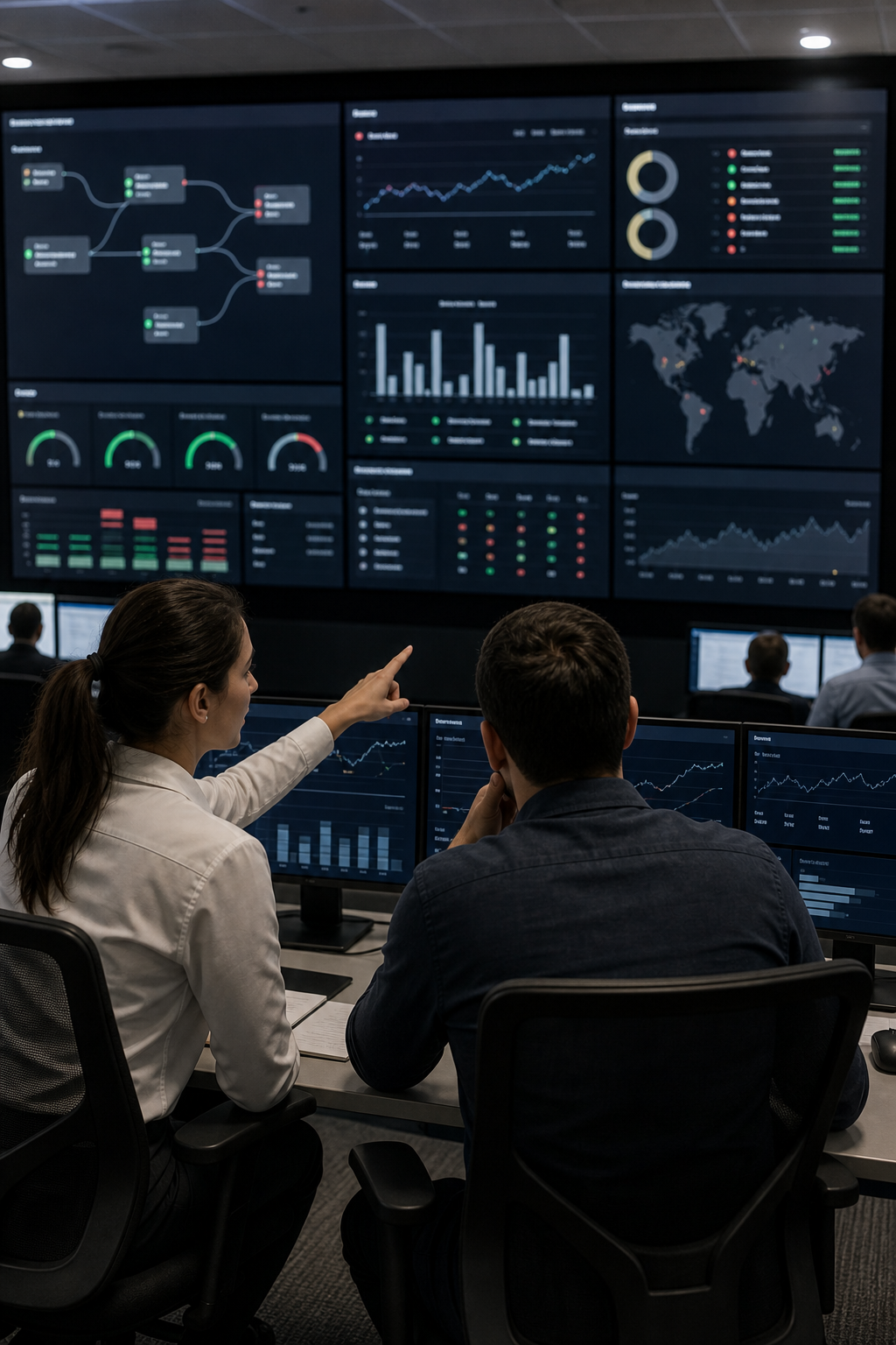 A realistic monitoring dashboard on a large screen in a modern operations center, showing real-time AI workflow metrics and alert indicators. Two operators review the data together. Alt: operations team monitoring AI workflow automation performance in a business control room.