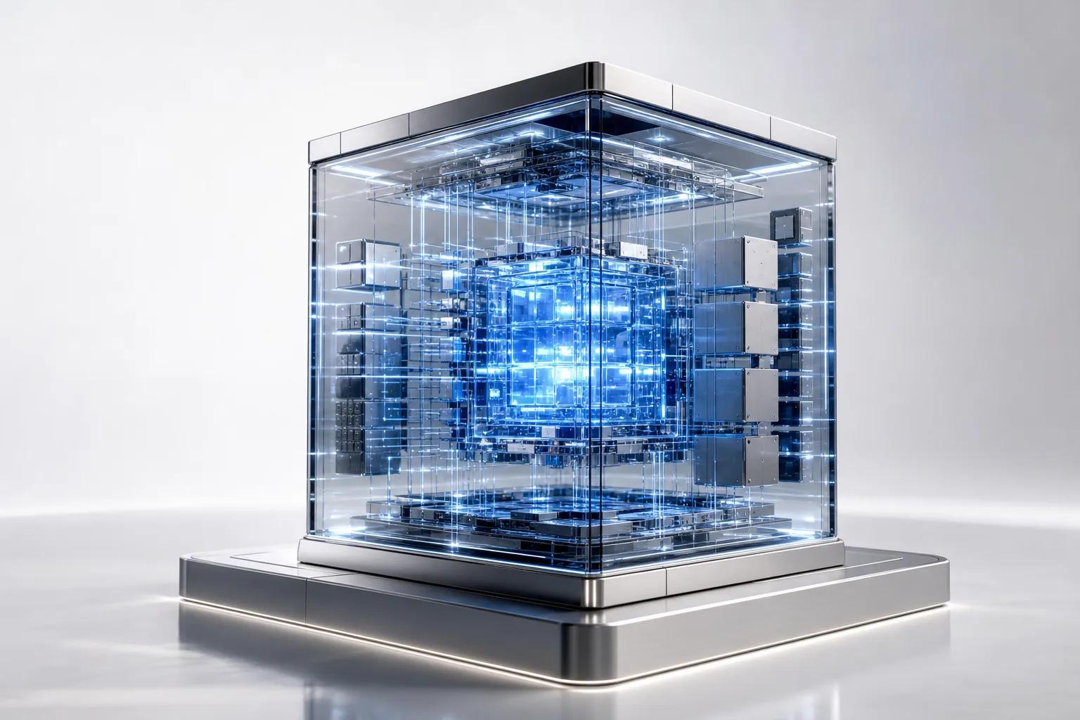 Abstract illustration of a glass and silver cube with blue light on a pedestal