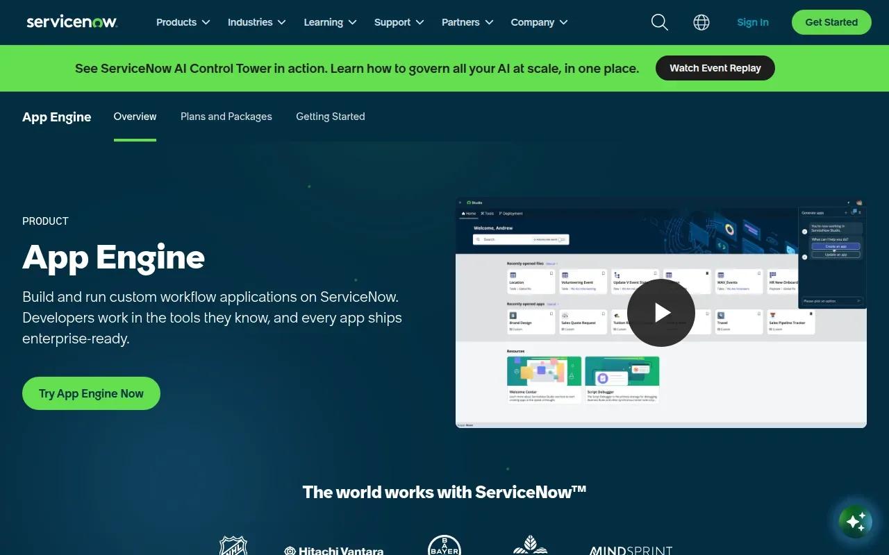 Screenshot of the ServiceNow App Engine website