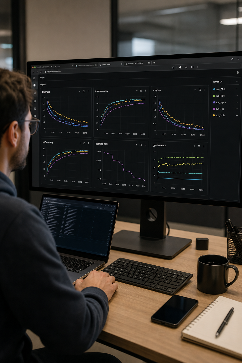 A realistic workspace scene showing a data scientist analyzing model training curves and experiment metrics on a large monitor, multiple browser tabs open with training graphs, dark-themed dashboard interface, focused technical environment. Alt: Weights and Biases ML experiment tracking dashboard used by machine learning teams during model development.