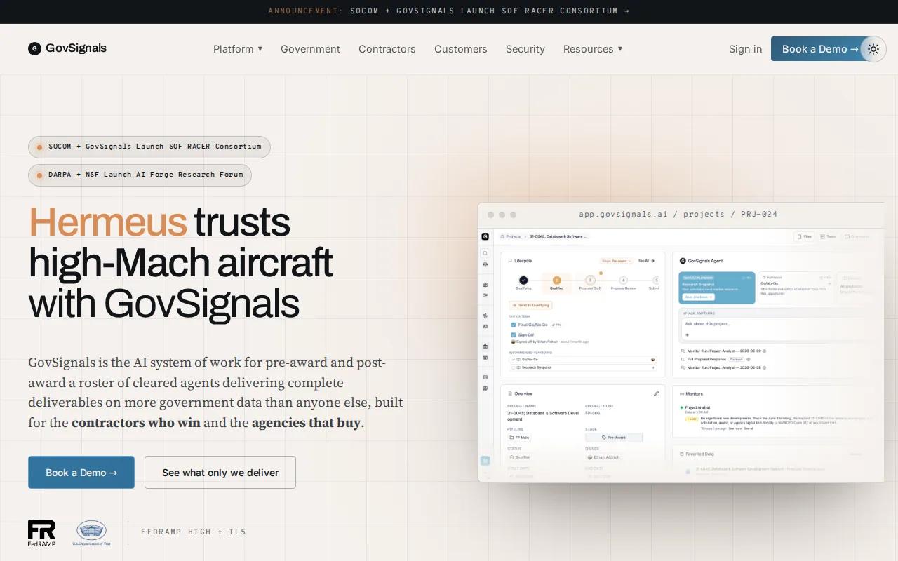 Screenshot of the GovSignals website