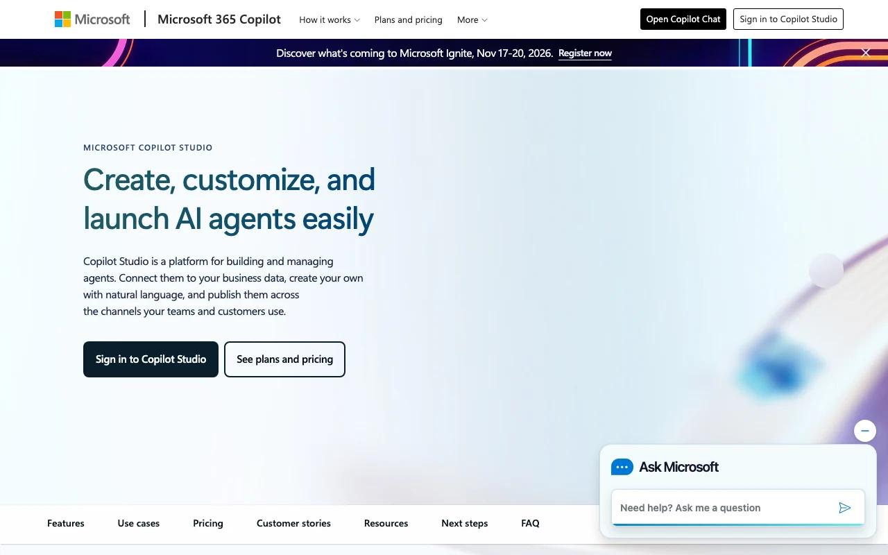 Screenshot of the Microsoft Copilot Studio website