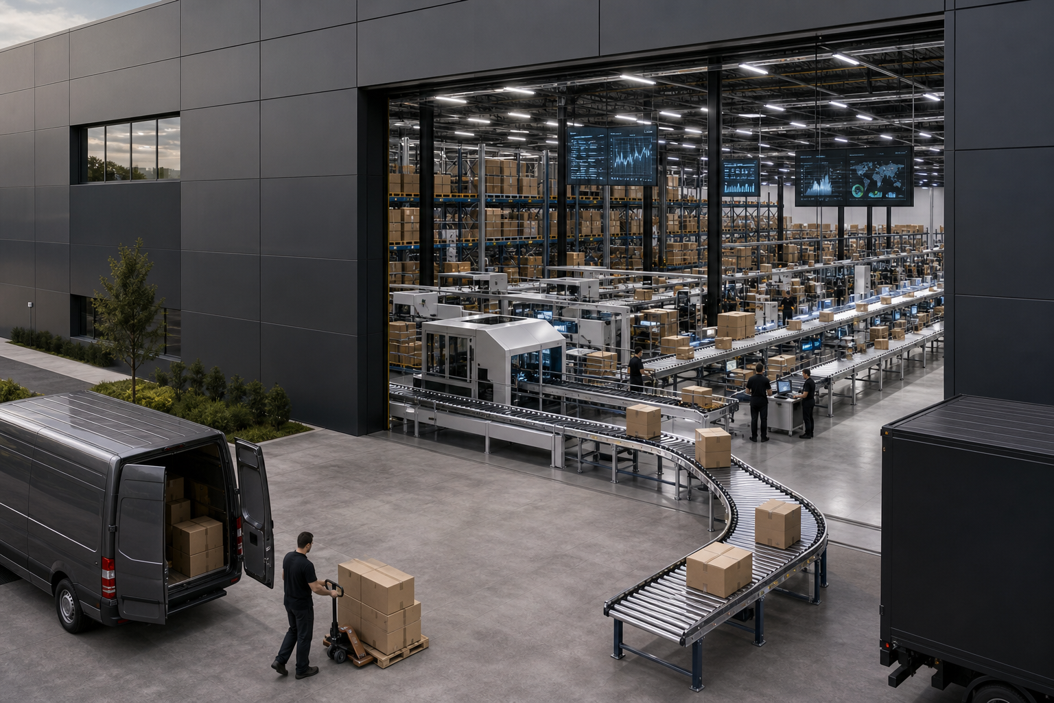 A photorealistic aerial view of a large modern distribution warehouse with automated conveyor systems, inventory shelves, and digital tracking screens visible through a wide loading bay. Alt: AI-powered supply chain automation in a large-scale retail distribution center.