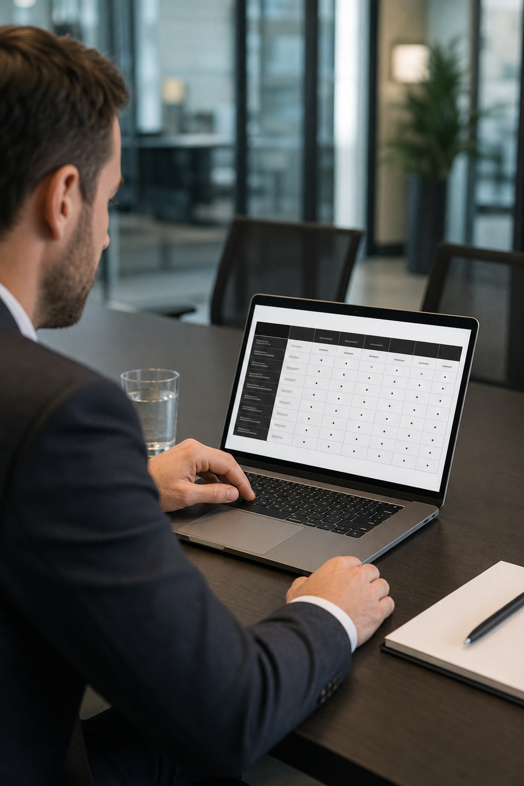A business decision-maker reviewing a structured comparison table of AI automation vendors on a laptop screen in a conference room setting, realistic photography with natural office lighting. Alt: Business leader evaluating AI automation companies using a vendor comparison framework.