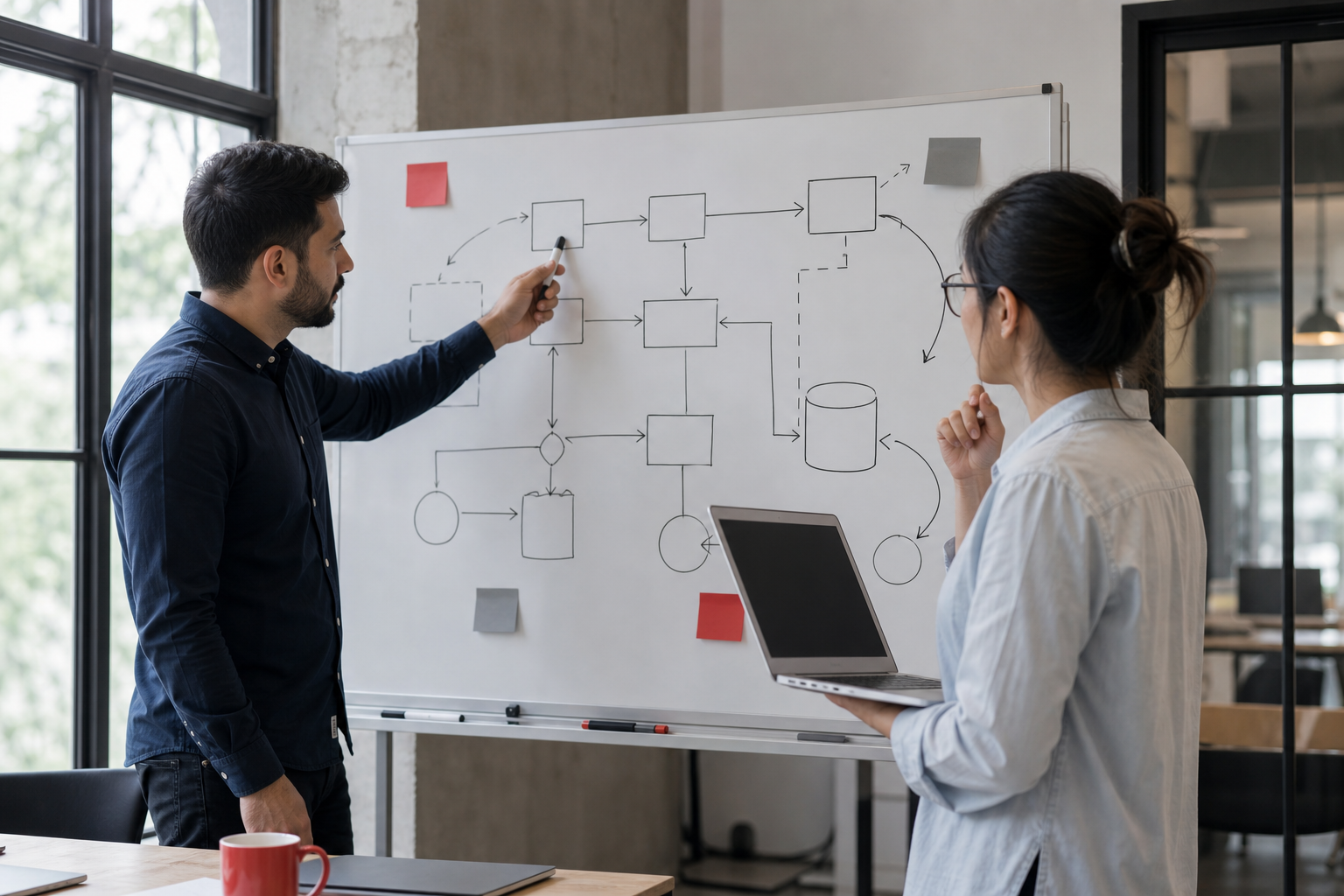 Engineers deciding whether to build or buy an AI workflow orchestration system, reviewing architecture diagrams.