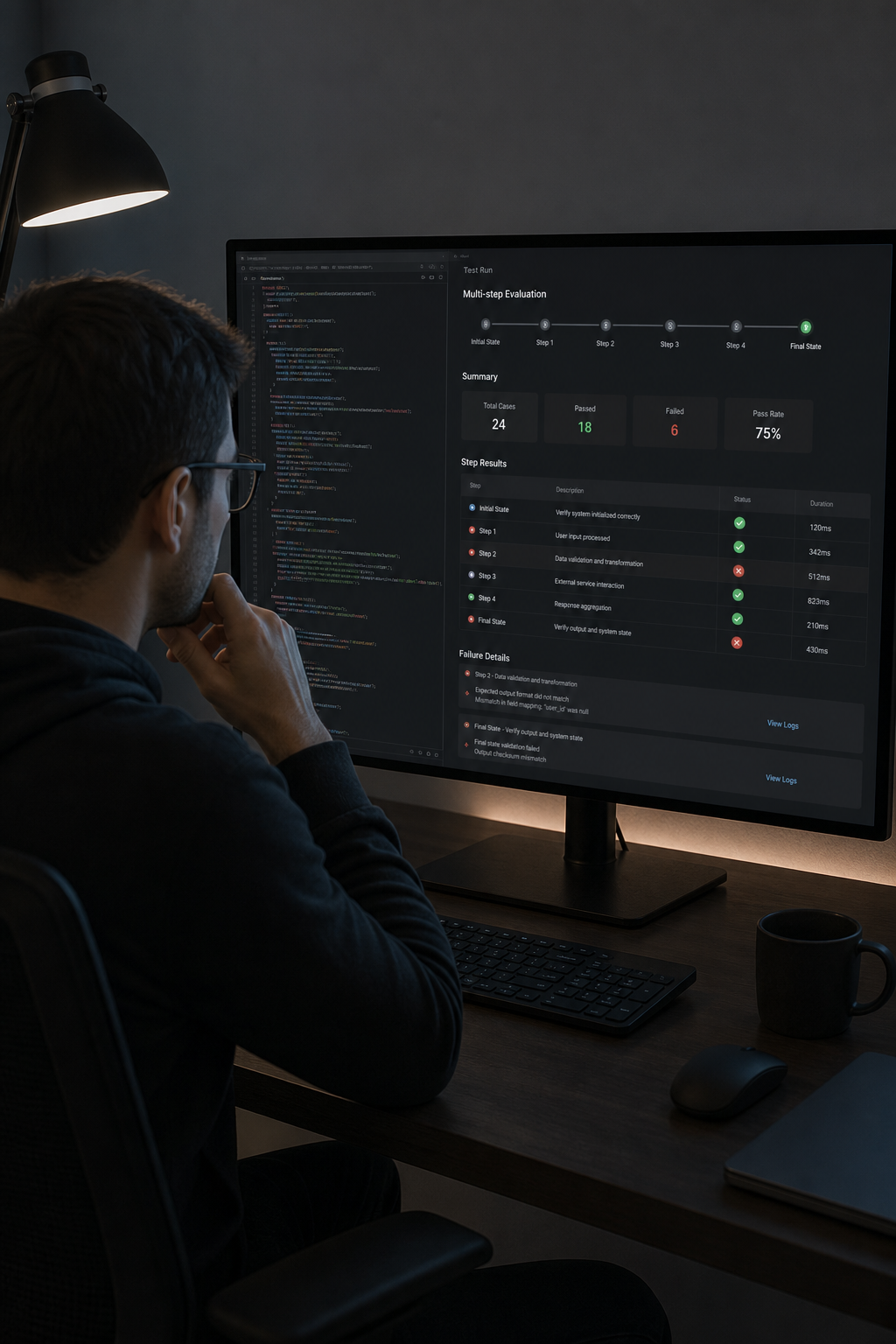 A realism-style photo of a software engineer reviewing multi-step test results on a large monitor in a dark-themed development workspace, with code and evaluation metrics visible on screen. Alt: engineer testing AI agent reliability and failure detection in a development environment.
