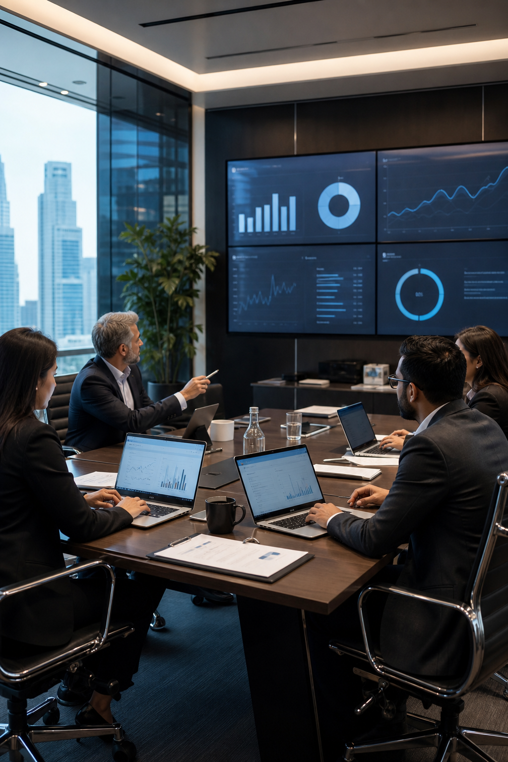Enterprise audit team using AI-powered risk automation platform in a corporate boardroom.