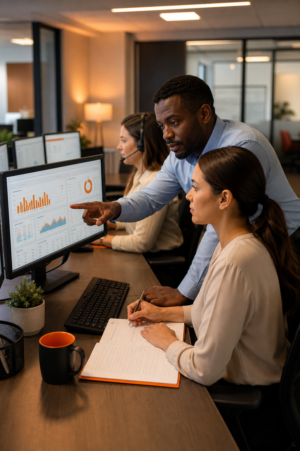 A healthcare billing team in a modern office environment reviewing automated revenue cycle management reports on computer screens, clean professional setting with warm overhead lighting. Alt: Enterprise healthcare workflow automation for revenue cycle management in a hospital billing department.