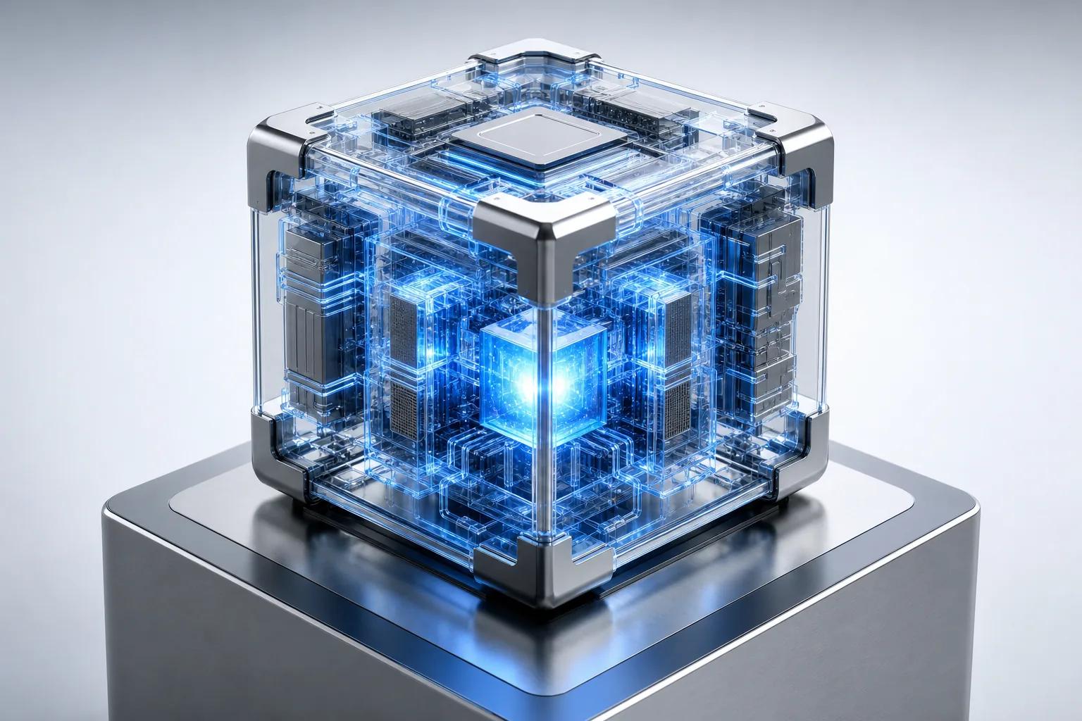 Abstract illustration of a glass and silver cube with blue light on a pedestal